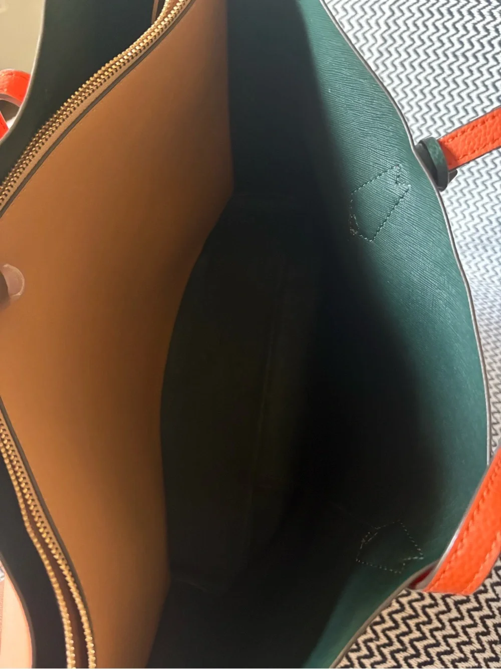 Tory Burch Orange Leather Tote with Green Tag and Gold Logo